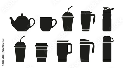 Variety of beverage containers teapot mugs and tumblers with beverage, container