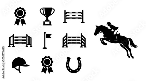 Equestrian show jumping icons and silhouette horse riding symbols animal sport