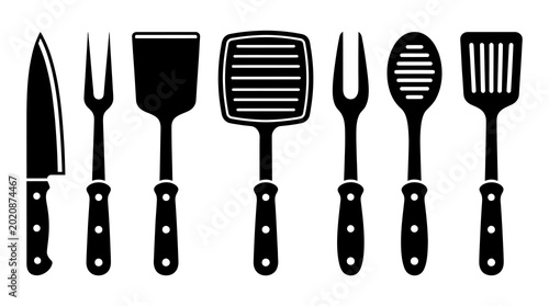Assortment of barbecue utensils and knife black silhouettes are essential