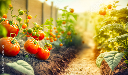 Fresh ripe tomatoes in a garden. Generative AI	