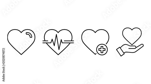 Set of heart icons with medical and care symbols flat design heartbeat