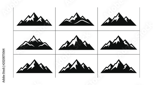 Set of multiple black and white stylized mountain range peak icons