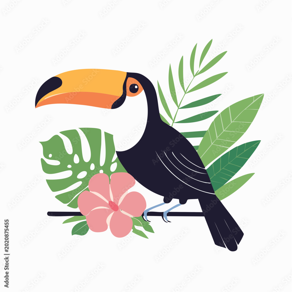 Fototapeta premium Toucan Bird with Tropical Leaves and Flower