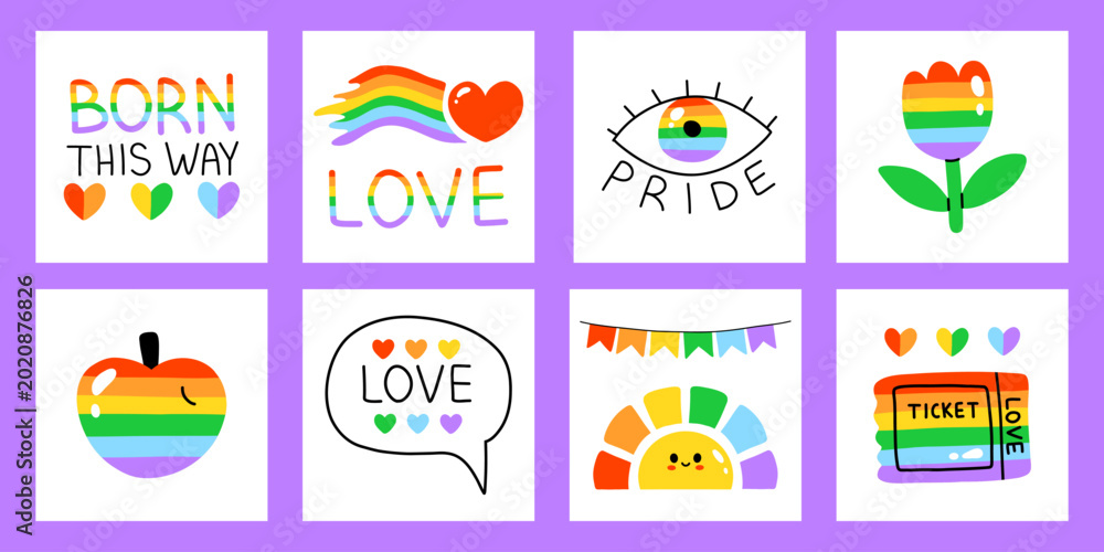 Fototapeta premium Vector set of lgbt pride square sticker card design. Born this way quote, rainbow heart, eye, flower, apple, love speech bubble, sun, bunting, ticket. Colorful queer poster illustration collection.