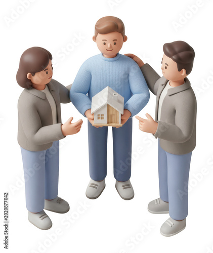 Diverse 3D stylized people holding a small white house model for real estate isolated transparent background image