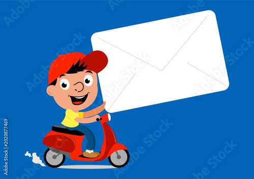 Courier person riding a scooter holding blank envelope card. Discount coupon for supermarket food groceries or products. Delivery service for online shopping, e commerce concept. Vector illustration