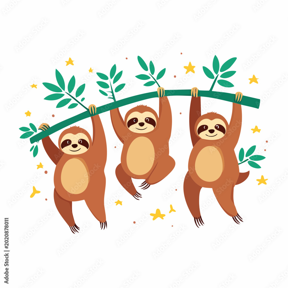 Fototapeta premium Three cute sloths hanging on a branch with leaves and stars