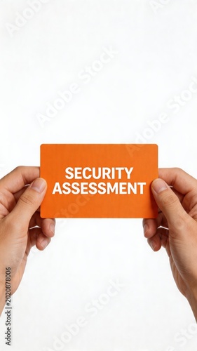 A person holding an orange card with the words SECURITY ASSESSMENT in white letters, related to risk management and assessment.