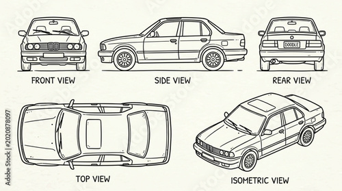 Automotive Design Blueprints and Technical Drawings of a Sedan.