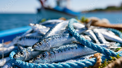 Fresh sardines glistening on the deck of a fishing boat  local catch  artisanal fishing  Mediterranean seafood  with copy space