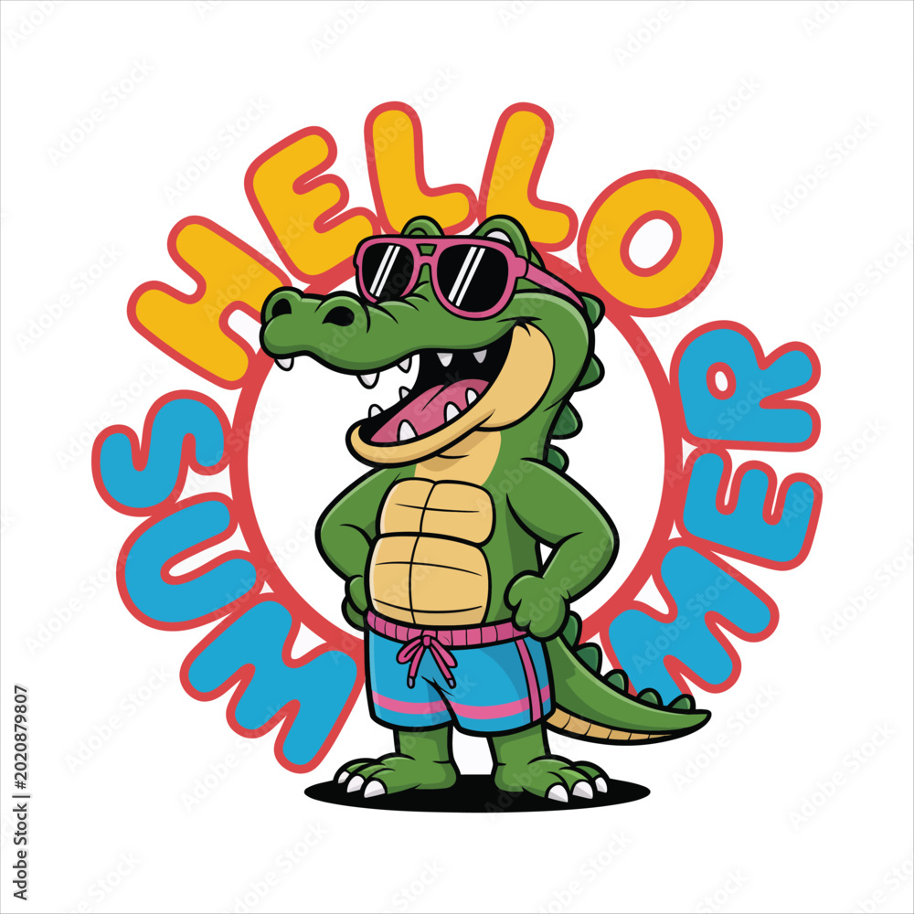 Fototapeta premium Cartoon Alligator Wearing Sunglasses And Swim Trunks With Hello Summer Text