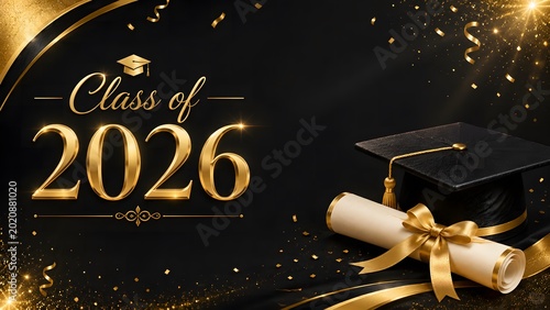 Class of 2026 Graduation Cap and Diploma with Elegant Gold Background