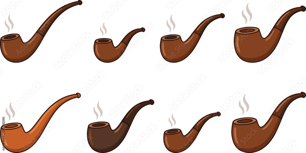 Wall Mural Various wooden smoking pipes with wisps of smoke in a clean white studio backgro