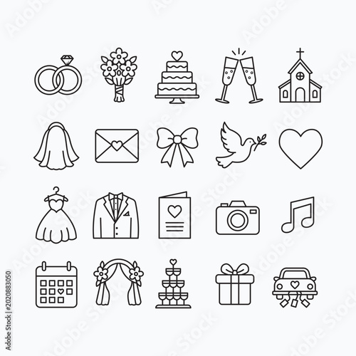 Bundle of wedding icons in minimalist line art style. Simple, elegant, and universally recognizable symbols. Perfect for event planners, designers, or wedding apps.
