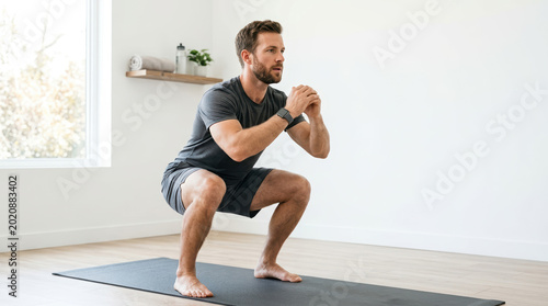 Man performing squats on a yoga mat at home. Athletic male doing bodyweight exercise in a bright minimalist room. Fitness and healthy lifestyle concept. Copy space for text