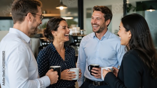 Four diverse office colleagues laughing together while holding coffee mugs in a warmly lit workplace breakroom, showing genuine friendship, connection, and relaxed professional camaraderie