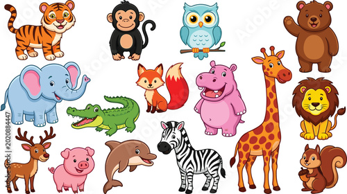 Photography Cute Wild Animal Cartoon Vector Collection Featuring Tiger Monkey Owl Bear Eleph