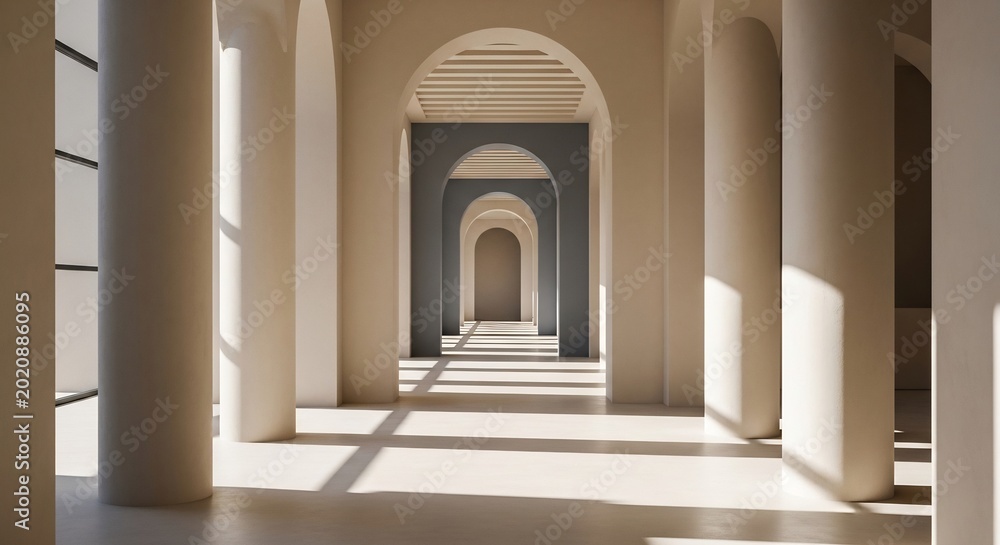 Fototapeta premium Sunlit Architectural Corridor with Repeating Arches and Columns.