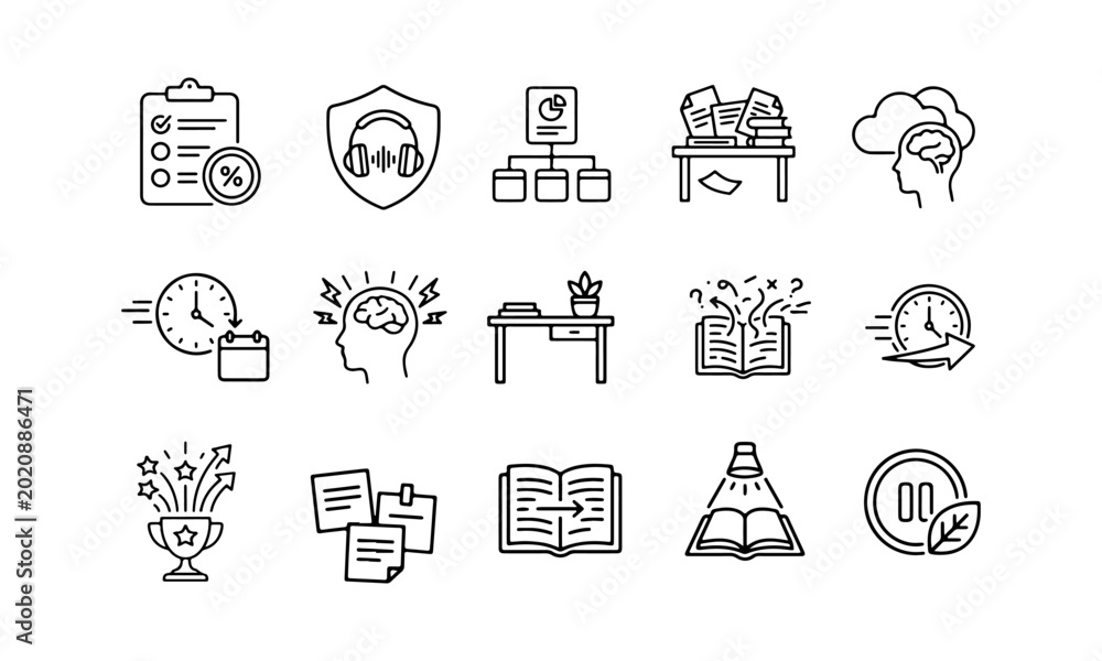 Fototapeta premium Study and productivity outline icon set for EdTech app UI