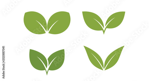 Collection of four different green sprout and leaf icons with two leaves each representing growth nature and environmental themes.