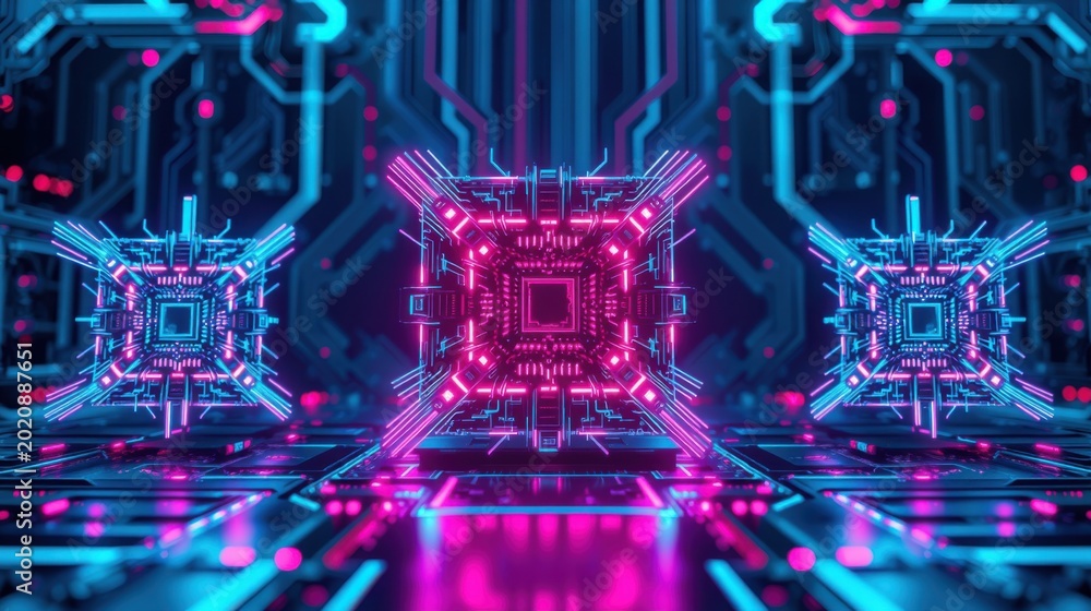Fototapeta premium Neon circuitry forms symmetrical tunnel. Bright pink, blue lights create futuristic digital landscape. Complex patterns dominate view.