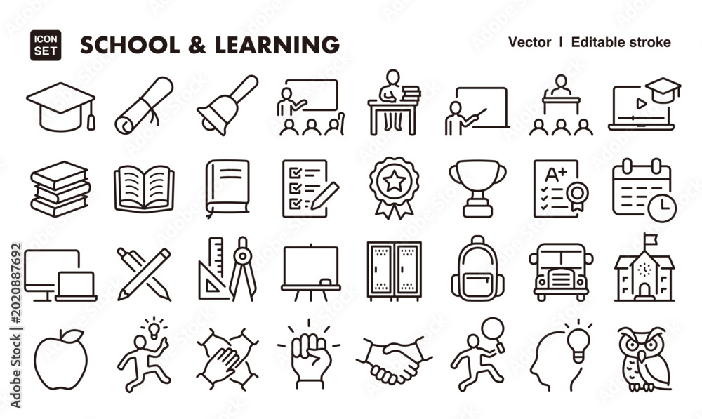 Fotografie School and Learning Icon Set – Editable Line Style