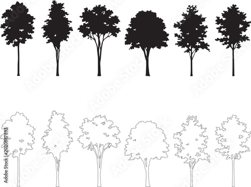 Black tree silhouettes and outline icons set, 12 deciduous tree vector elements, minimalist forest foliage shapes for landscape design and architecture