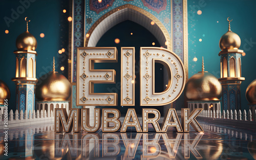 Eid Mubarak celebration with golden domes and crescent moon in night sky