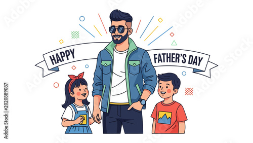 Quadro su tela Happy Father's Day with Family: A heartwarming illustration that captures the essence of Father's Day, featuring a proud father and his two children amidst colorful celebratory designs