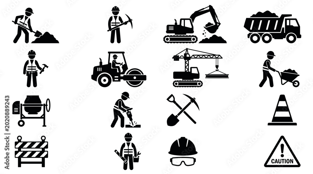 Fototapeta premium Collection of diverse construction worker and heavy equipment silhouette icons, illustrating building and development concepts, representing industrial safety and labor management