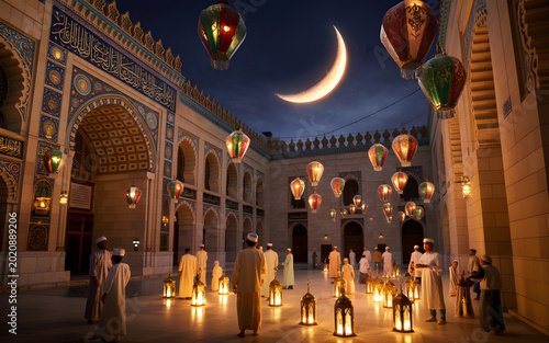 Evening lantern festival in historic courtyard with floating hot air balloons