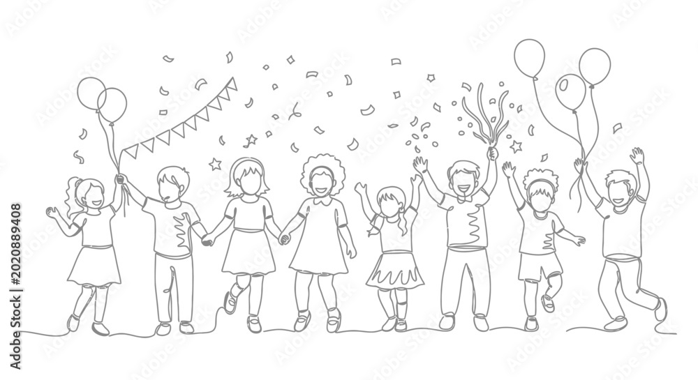 Fototapeta premium Happy Children Celebrating with Balloons and Confetti Line Art