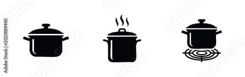 Quadro su tela Set of black flat icons featuring various cooking pots: a standard pot, a steaming soup pot, and a pot on a stove burner, on white background