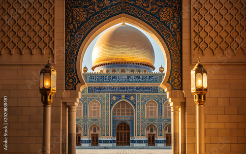 Ornate mosque interior with golden dome and intricate Islamic patterns at dusk