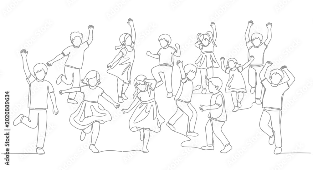 Εκτύπωση καμβά Diverse Children Joyfully Jumping and Dancing in a Lively Sketch