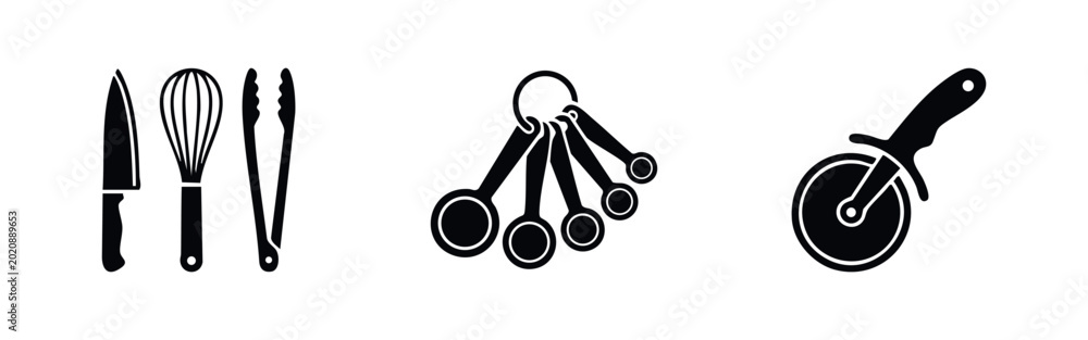 Bilde på lerret Minimalist black silhouette icons of kitchen utensils: chef knife, whisk, tongs, measuring spoons, and pizza cutter on a white background