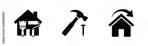 Photos Set of black home renovation and house flipping icons featuring painting tools, hammer and nail, and property turnaround symbol on white background