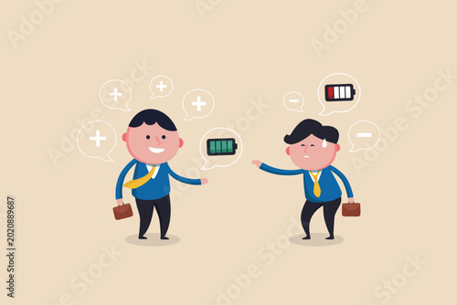 Businessmen with contrasting energy levels and positive or negative thoughts.