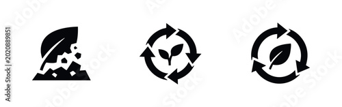 фотографія A set of three black icons representing biodegradable, compostable, and sustainable recycling concepts for eco-friendly waste management