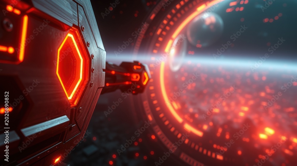 Fototapeta premium Futuristic spaceship interior. Red lights illuminate complex metallic structures, viewing Earth from orbit. Dramatic, intense scene.