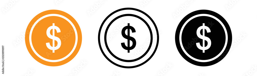 Obraz premium Dollar sign icon set gold outline and solid black variations for finance and currency applications