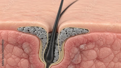 Medical illustration of a human hair follicle with a black hair strand growing from the skin pore close up view