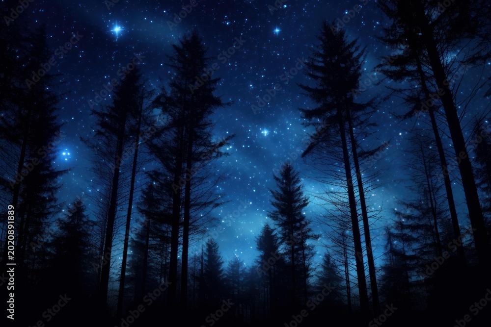 Fototapeta premium Dark pine trees standing tall against a vibrant blue starry night sky and nebula