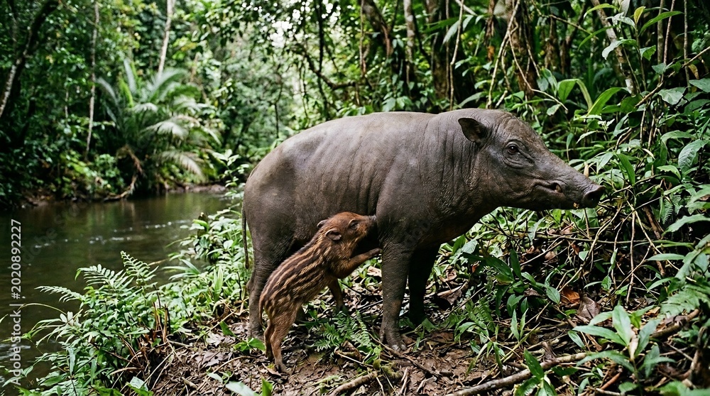 Fototapeta premium A mother bearded pig suckling her piglet in the Borneo rainforest.