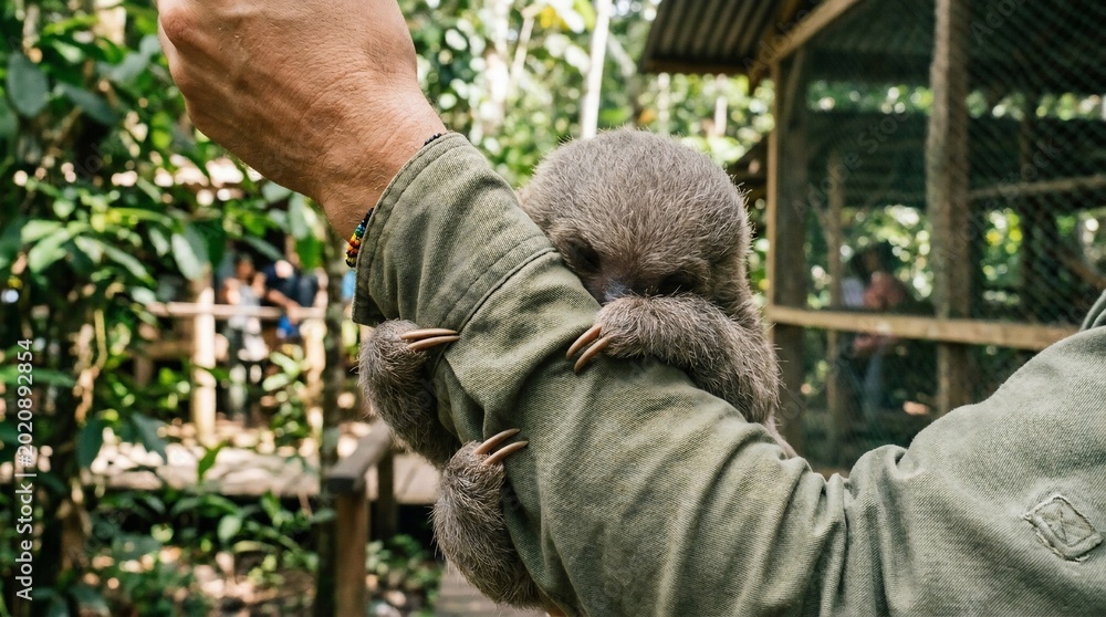Fototapeta premium A small baby sloth clinging onto a human arm at a wildlife rescue center.