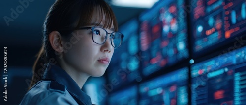 Focused young professional monitoring real time data on multiple digital screens inside dark control room with modern technology workspace environment