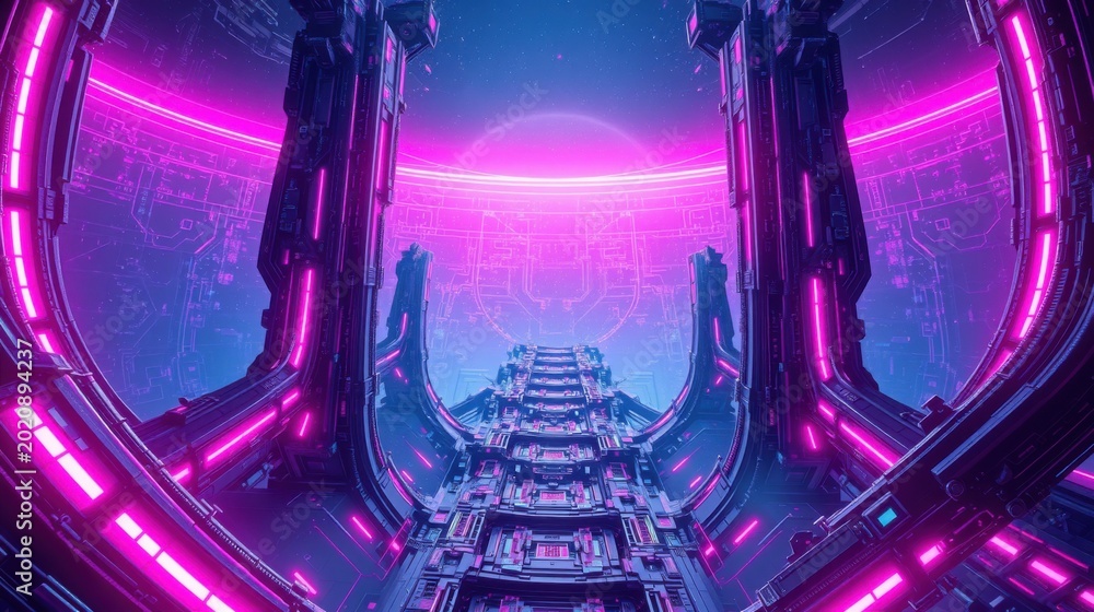 Fototapeta premium Futuristic corridor glows with vibrant neon lights. Complex architecture suggests advanced technology, creating immersive space.