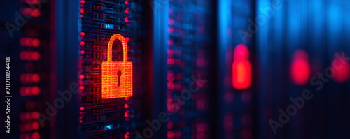Data security padlock icon glowing on server rack hardware inside cloud computing center representing cybersecurity network protection and secure digital infrastructure