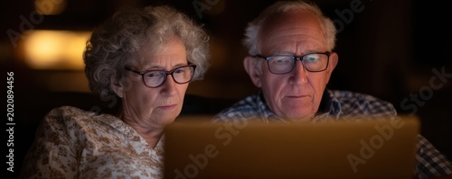 Senior couple looking at laptop screen together in dark room at night representing online communication digital connection and modern home technology use
