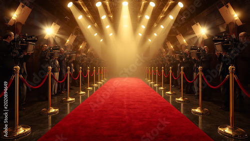 People walk down red carpet with gold barriers